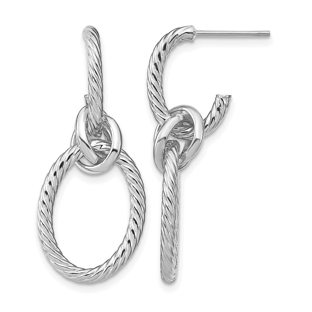 14K w/ White Rhodium Plated Polished Textured Post Dangle Earrings