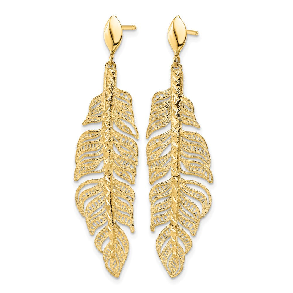 14k Polished D/C Textured Leaf Post Dangle Earrings