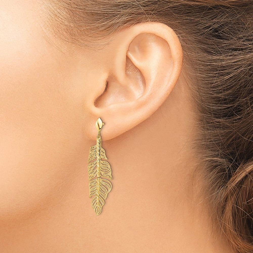 14k Polished D/C Textured Leaf Post Dangle Earrings