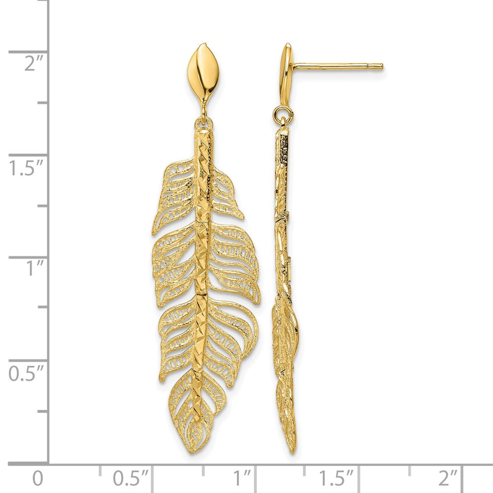 14k Polished D/C Textured Leaf Post Dangle Earrings