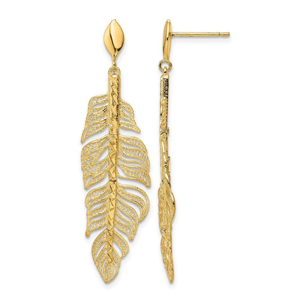 14k Polished D/C Textured Leaf Post Dangle Earrings