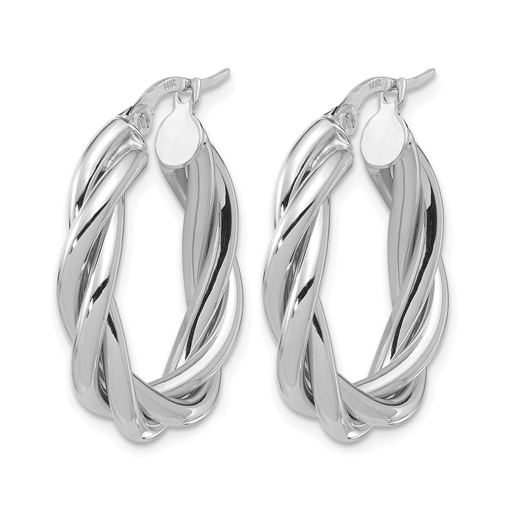 14K w/White RH-plat Polished Twisted Oval Hoop Earrings