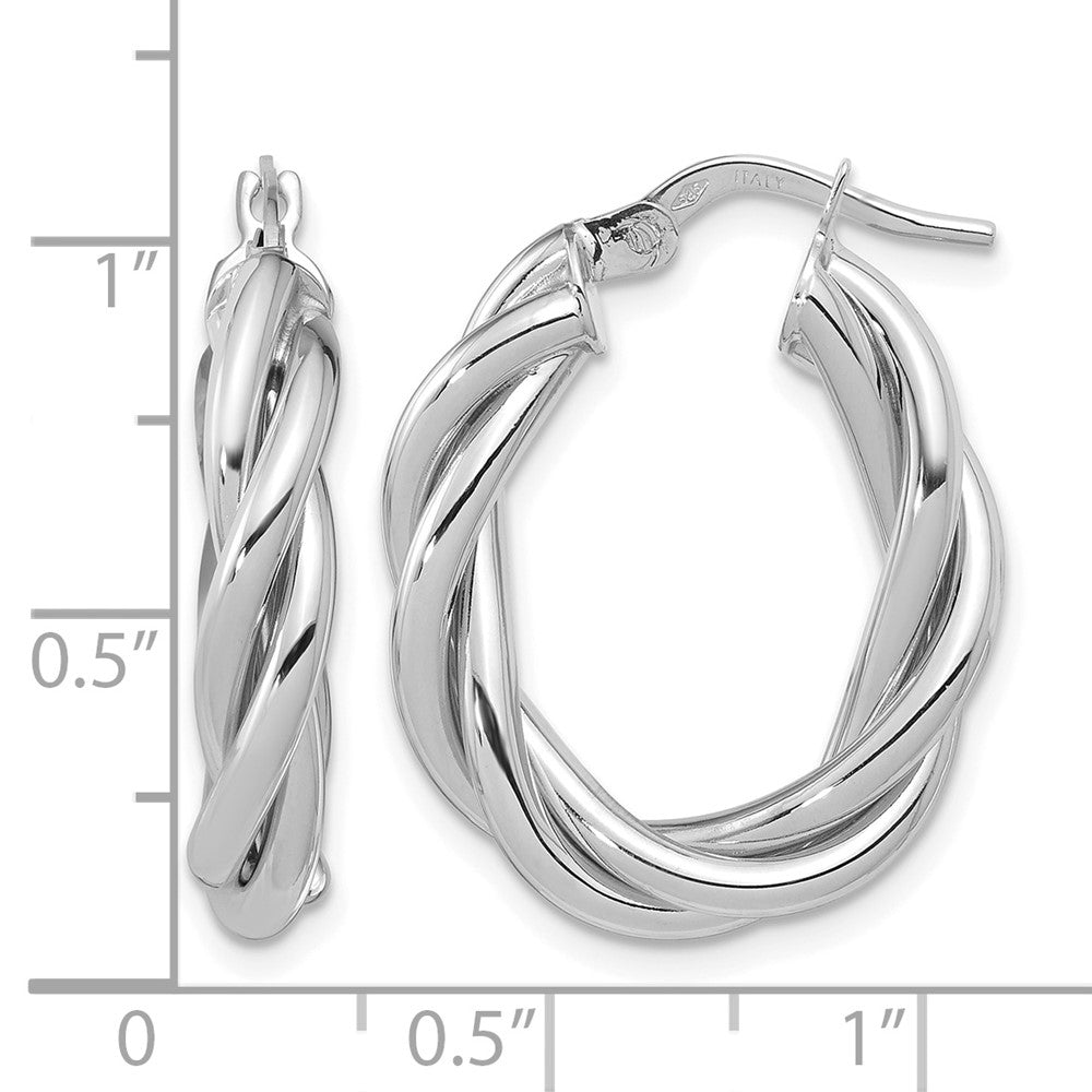 14K w/White RH-plat Polished Twisted Oval Hoop Earrings