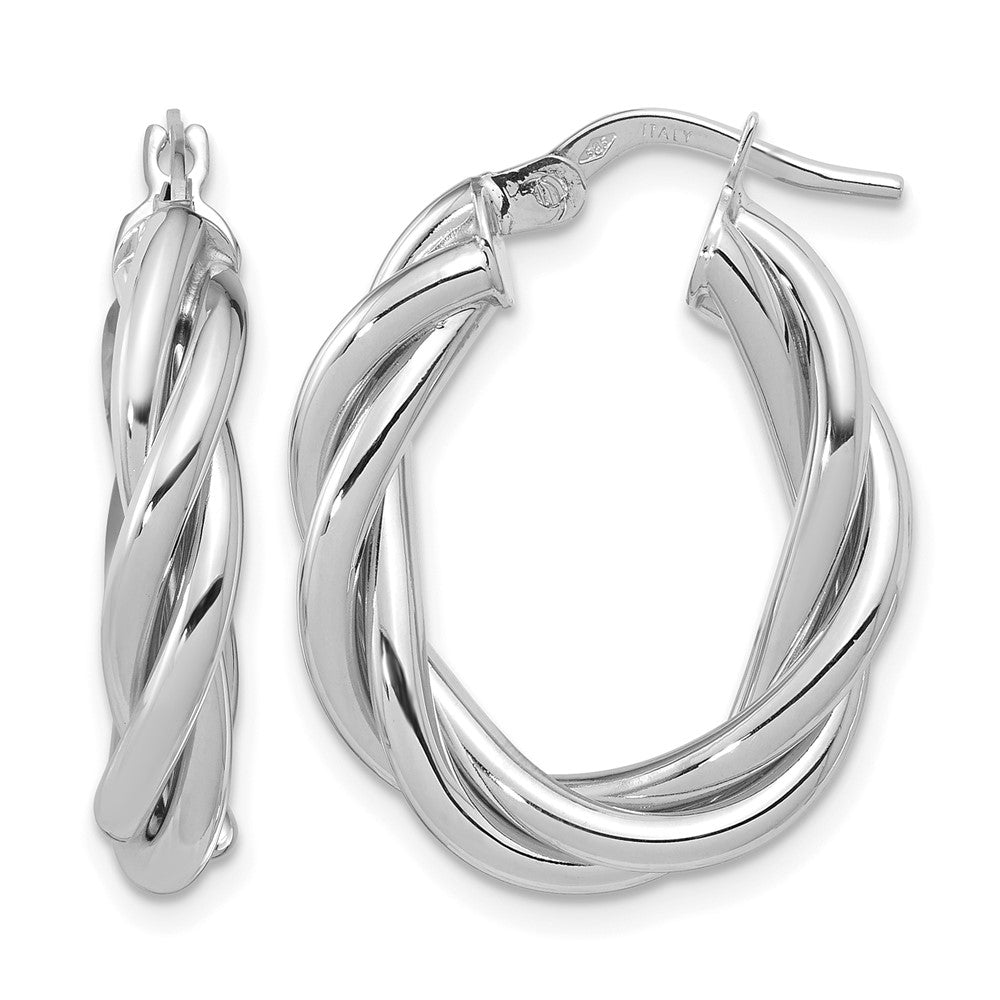14K w/White RH-plat Polished Twisted Oval Hoop Earrings