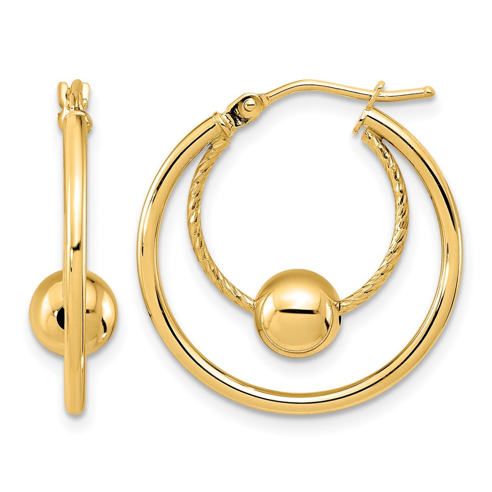 14K Polished Textured w/ 6mm Ball Hoop Earrings