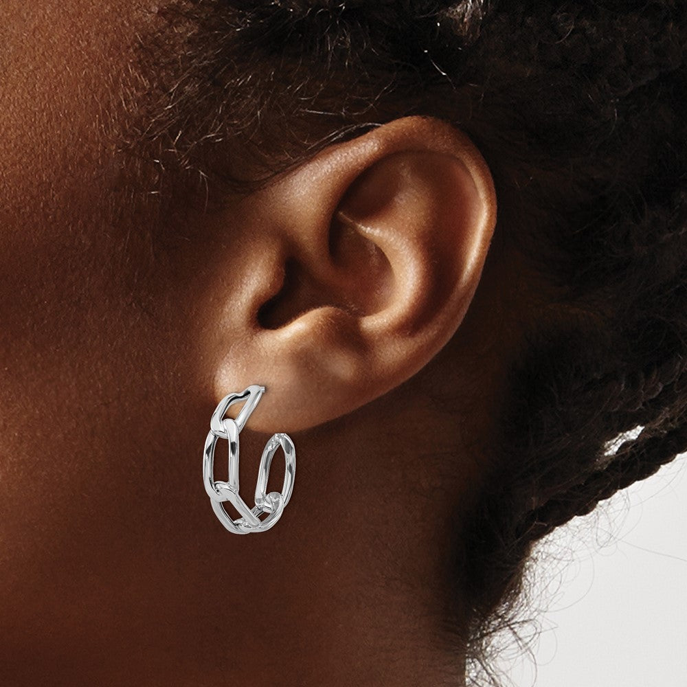 14K w/Wht RH-plating Polished Link Post Hoop Earrings