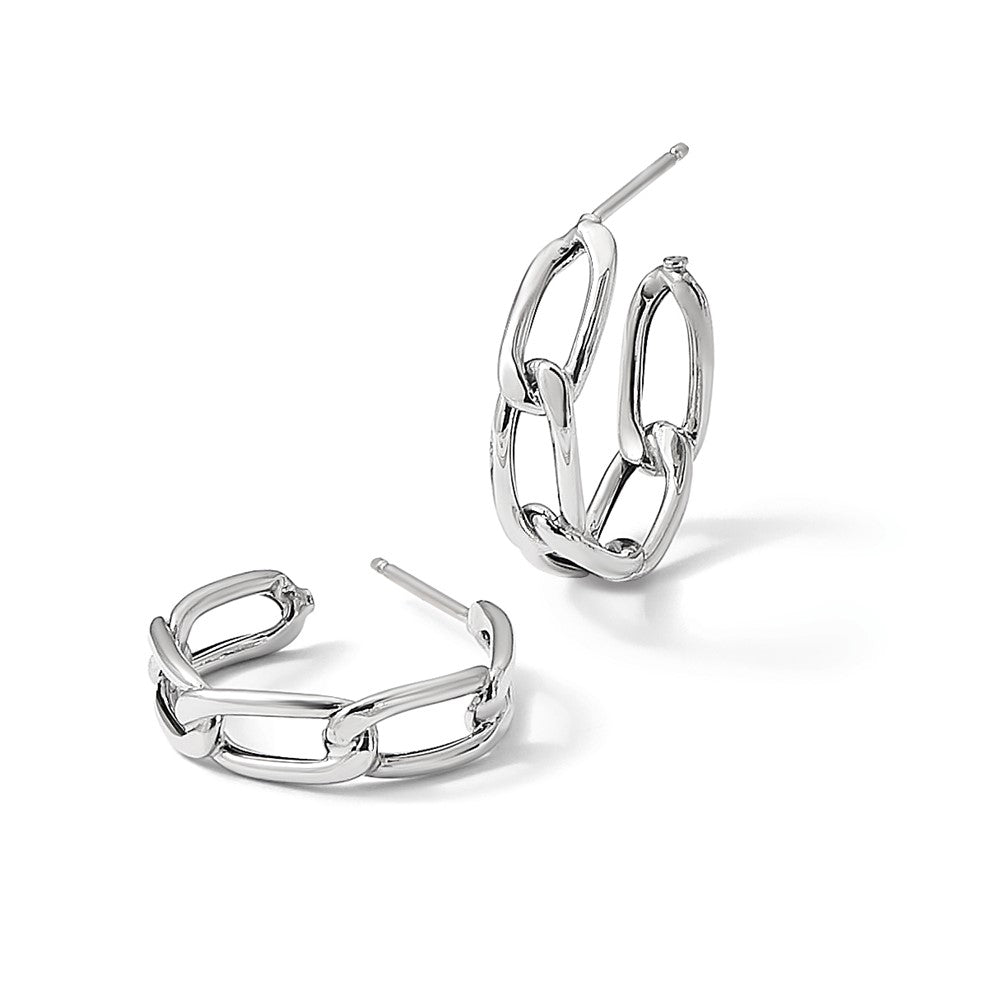 14K w/Wht RH-plating Polished Link Post Hoop Earrings