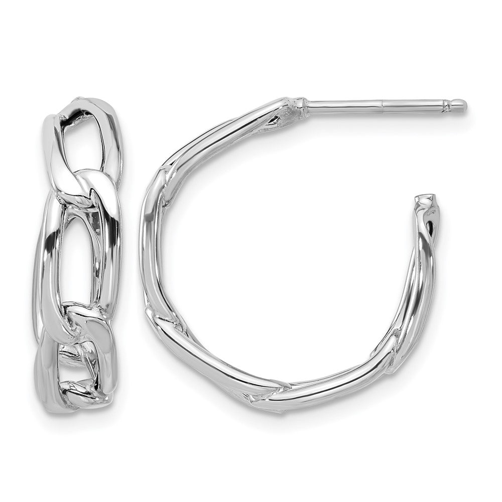 14K w/Wht RH-plating Polished Link Post Hoop Earrings