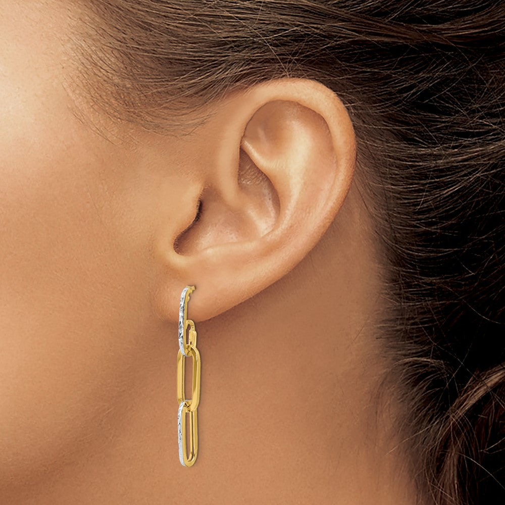 14K with White Rhodium Pol and Diamond-cut Link Dangle Earrings