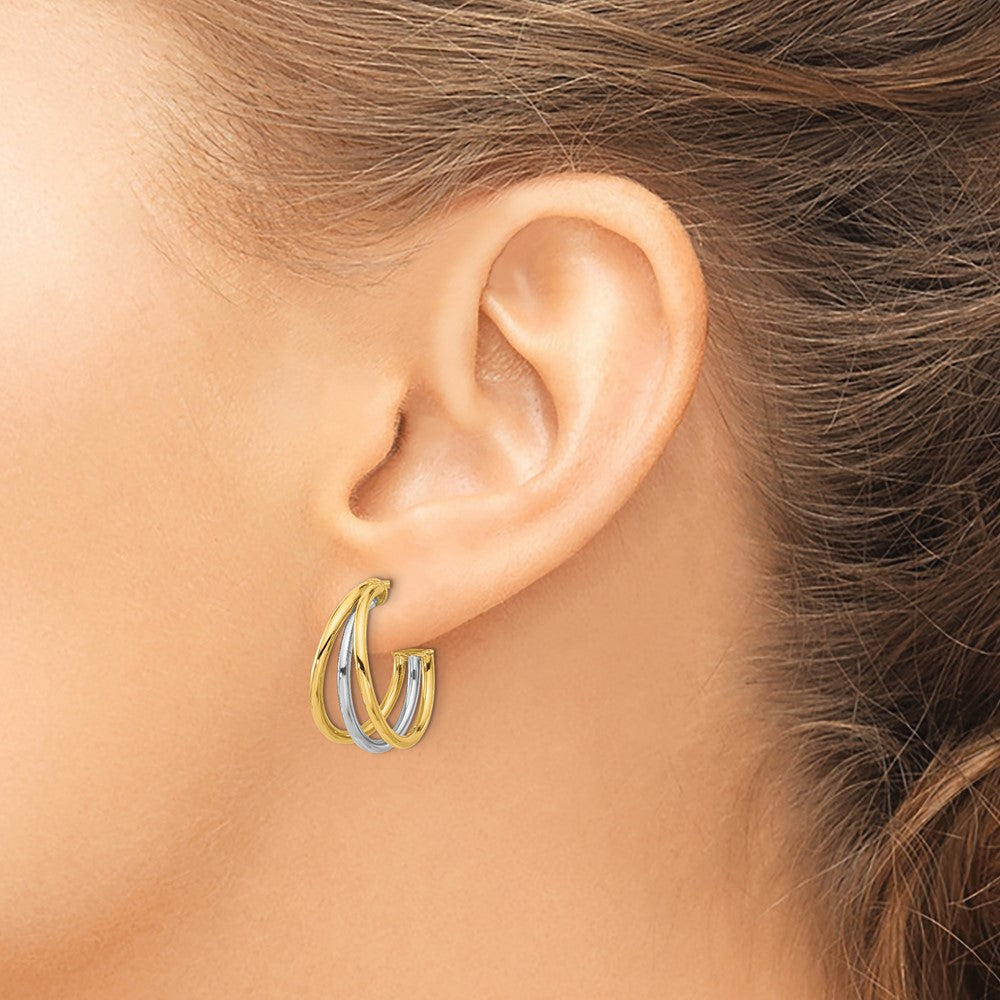 14K with Rhodium Polished Hoop Post Earrings