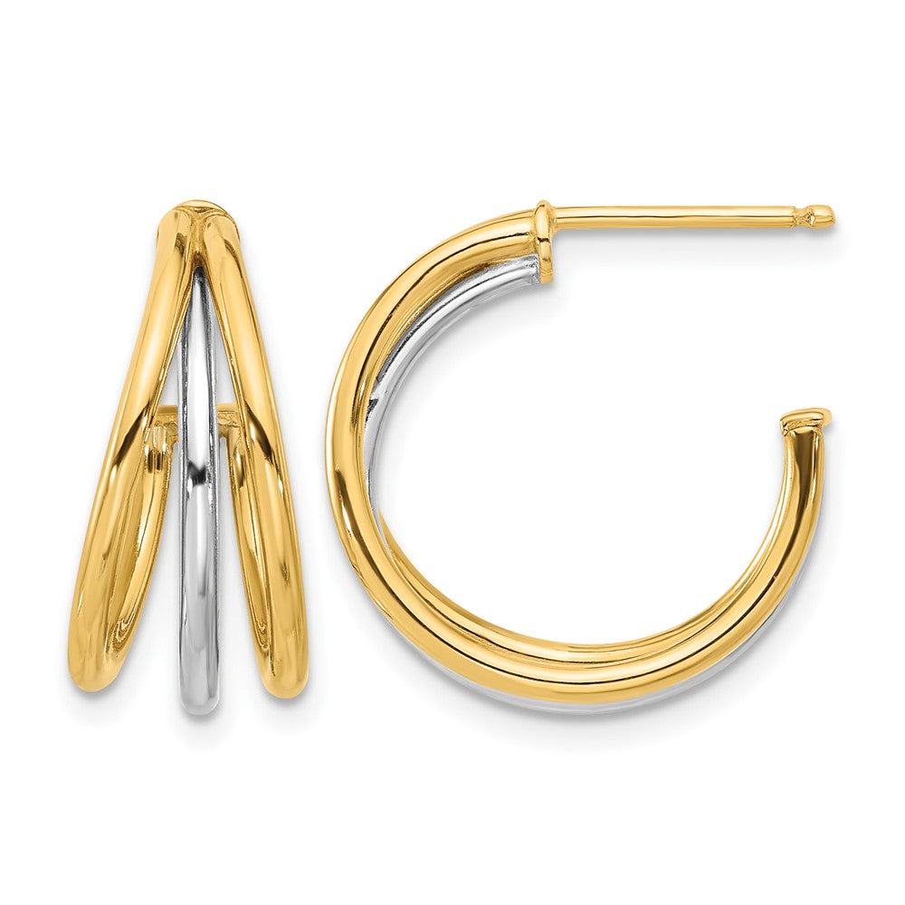 14K with Rhodium Polished Hoop Post Earrings