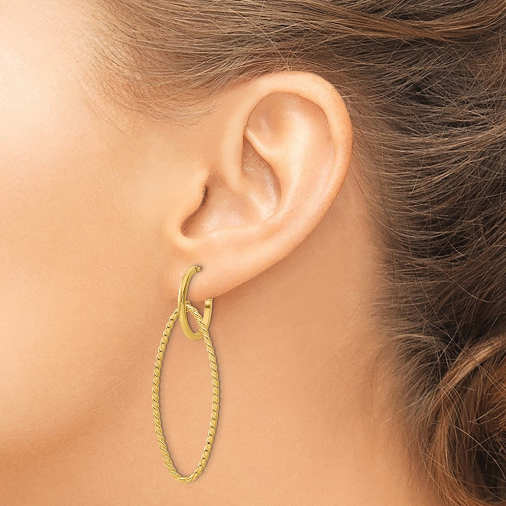 14K Polished and Twist Dangle Oval J-Hoop Earrings