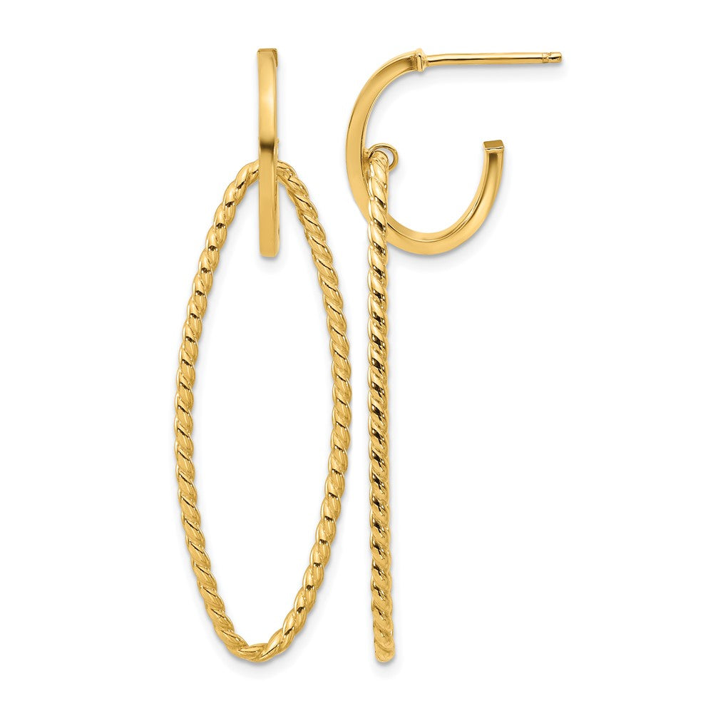 14K Polished and Twist Dangle Oval J-Hoop Earrings