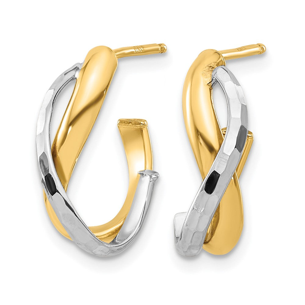 14K w/Rhodium Polished/Diamond-cut J-Hoop Post Earrings