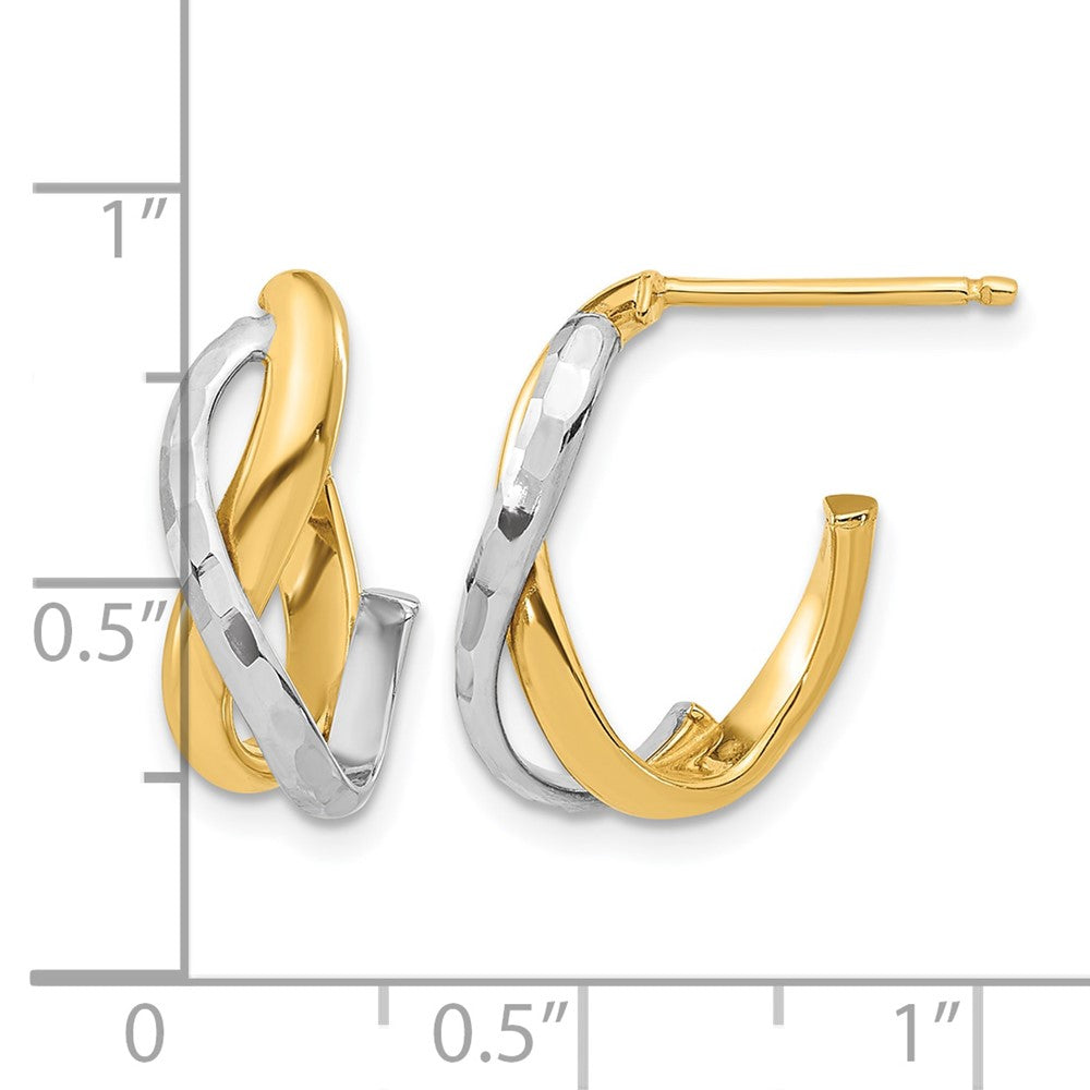 14K w/Rhodium Polished/Diamond-cut J-Hoop Post Earrings