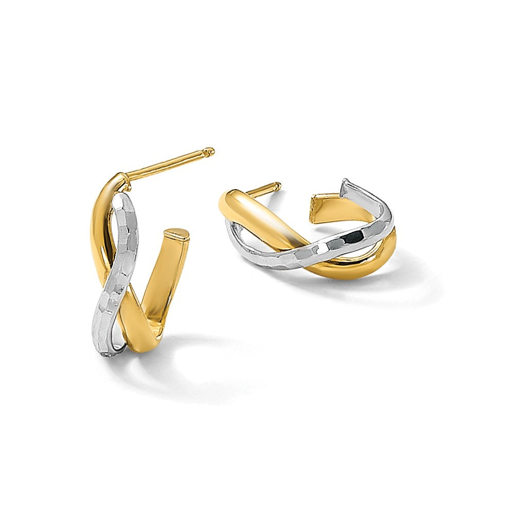 14K w/Rhodium Polished/Diamond-cut J-Hoop Post Earrings