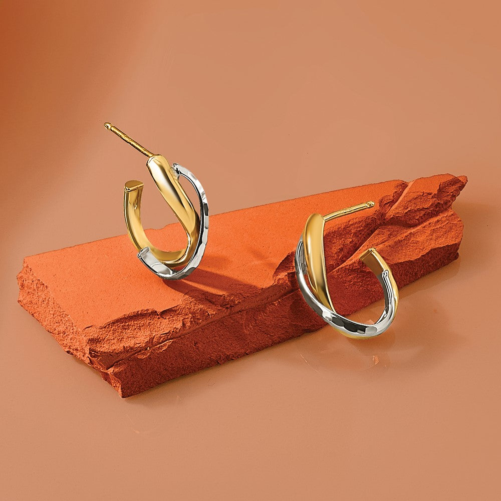 14K w/Rhodium Polished/Diamond-cut J-Hoop Post Earrings