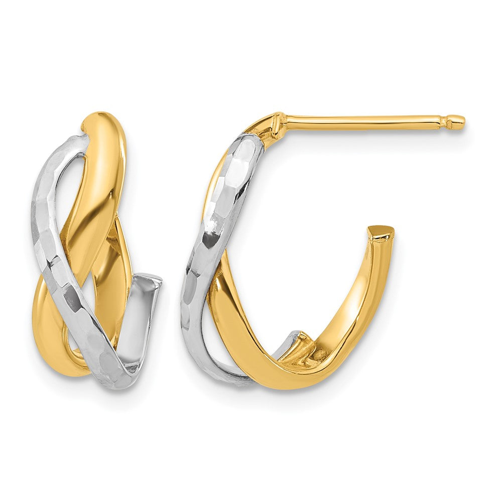 14K w/Rhodium Polished/Diamond-cut J-Hoop Post Earrings