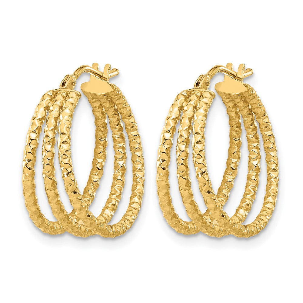 14K Polished and Textured Three Row Hoop Post Earrings