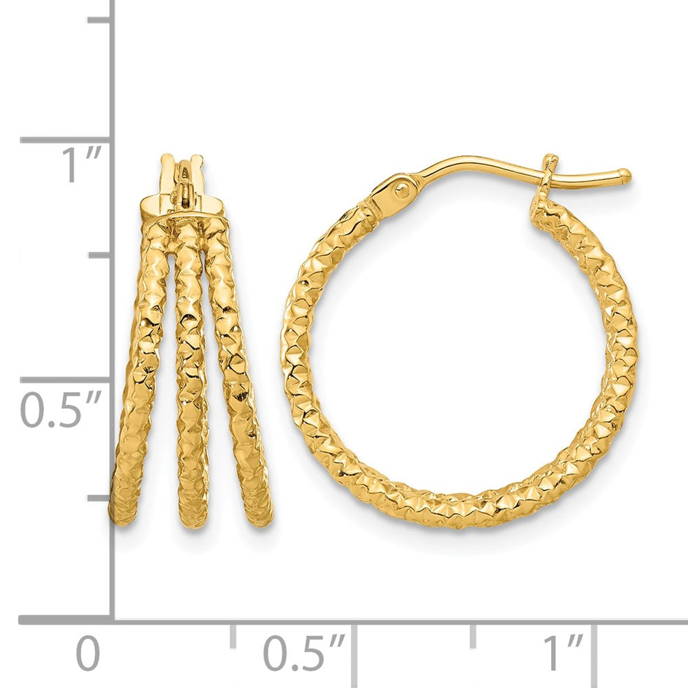 14K Polished and Textured Three Row Hoop Post Earrings