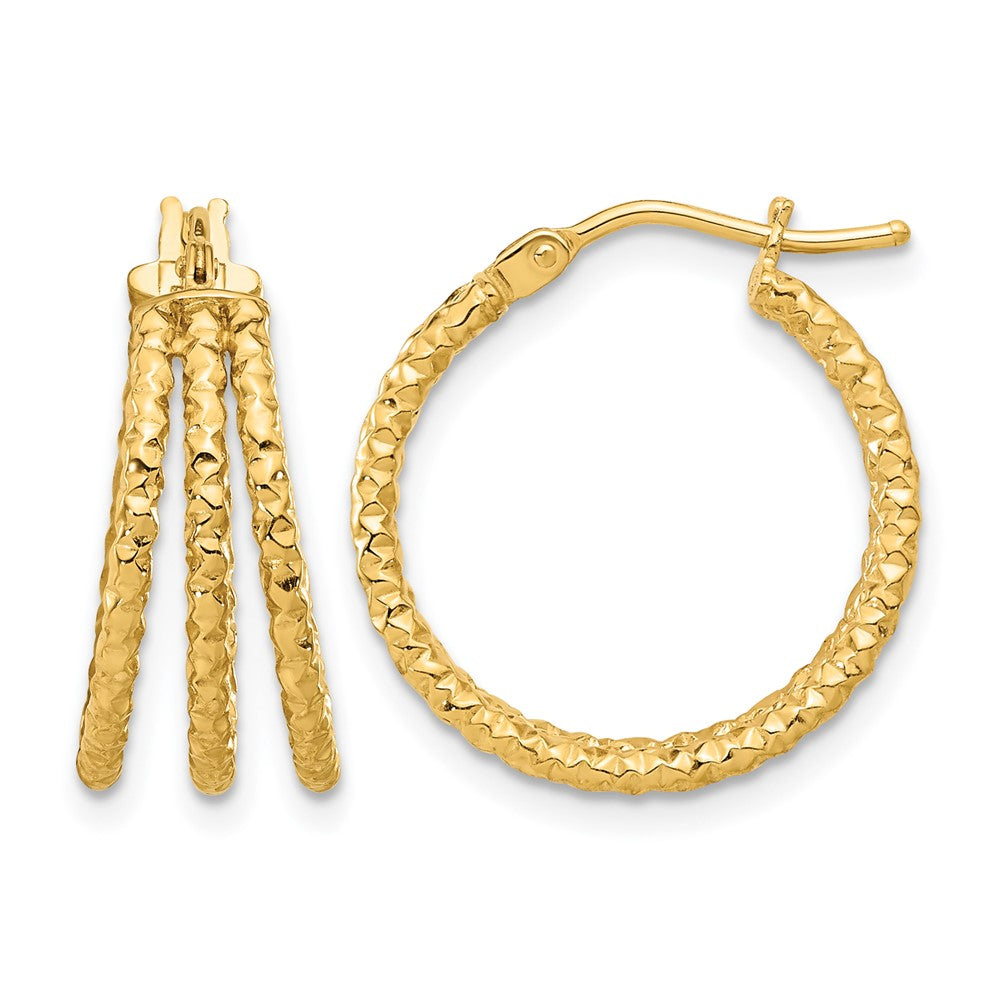 14K Polished and Textured Three Row Hoop Post Earrings