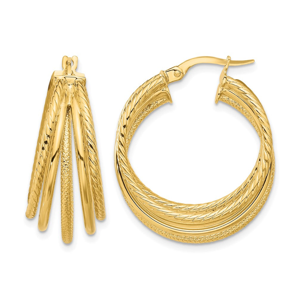 14K Polished and Multi Textured Hoop Earrings