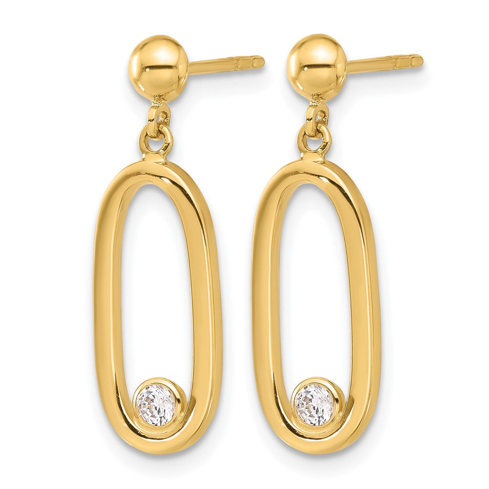 14K Polished CZ Oval Dangle Post Earrings