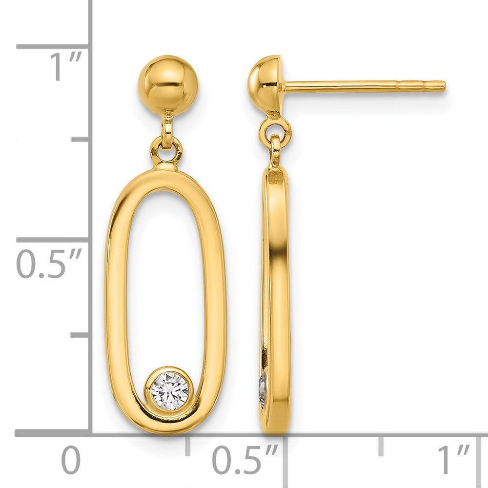 14K Polished CZ Oval Dangle Post Earrings