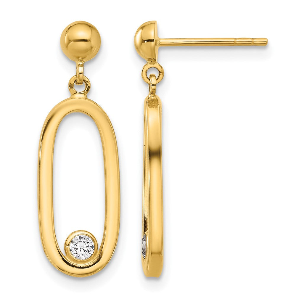 14K Polished CZ Oval Dangle Post Earrings