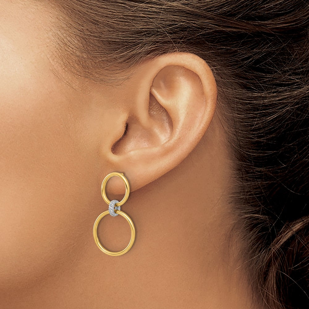 14K Two-tone Polished CZ Circles Dangle Post Earrings