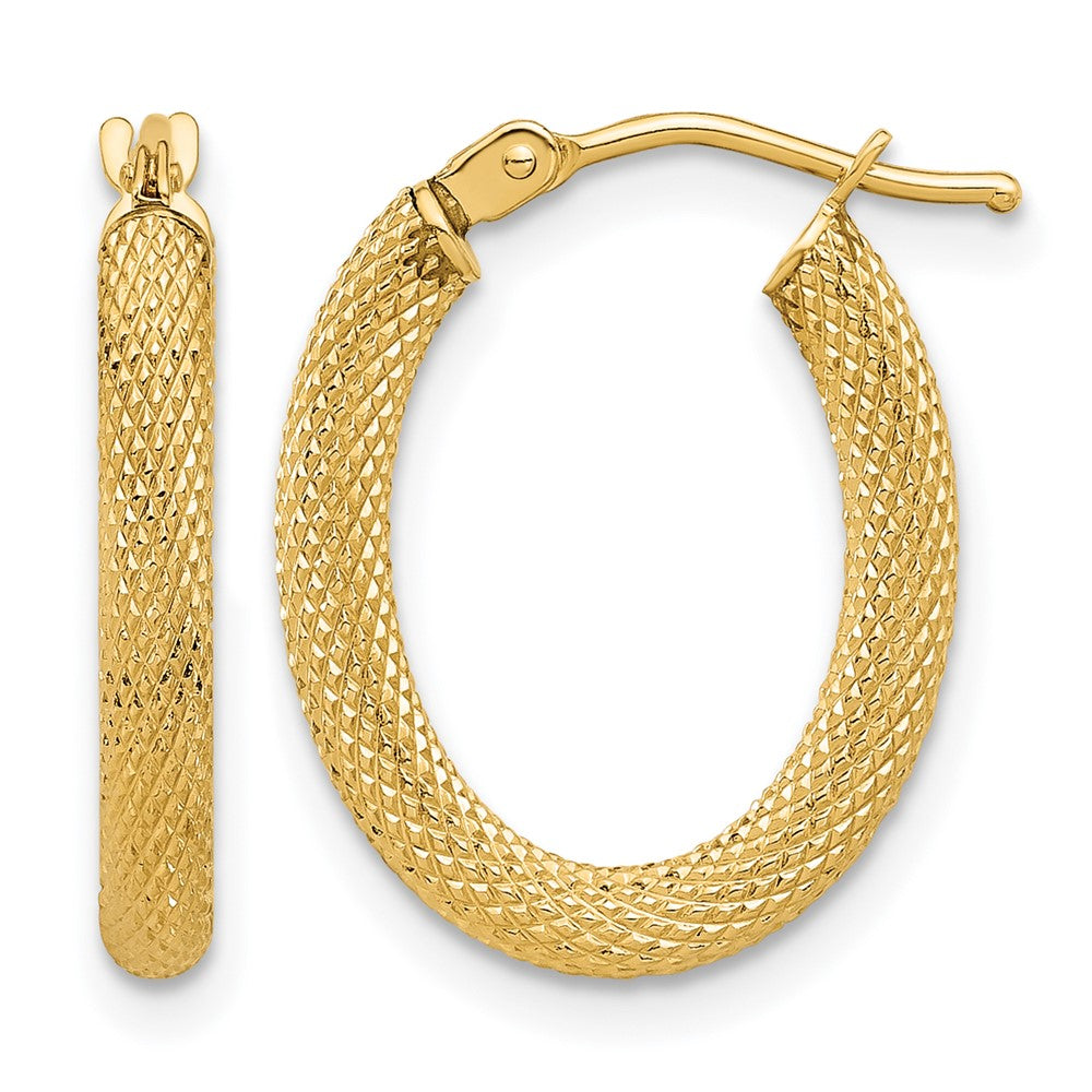 14K Polished and Textured Oval Hoop Earrings