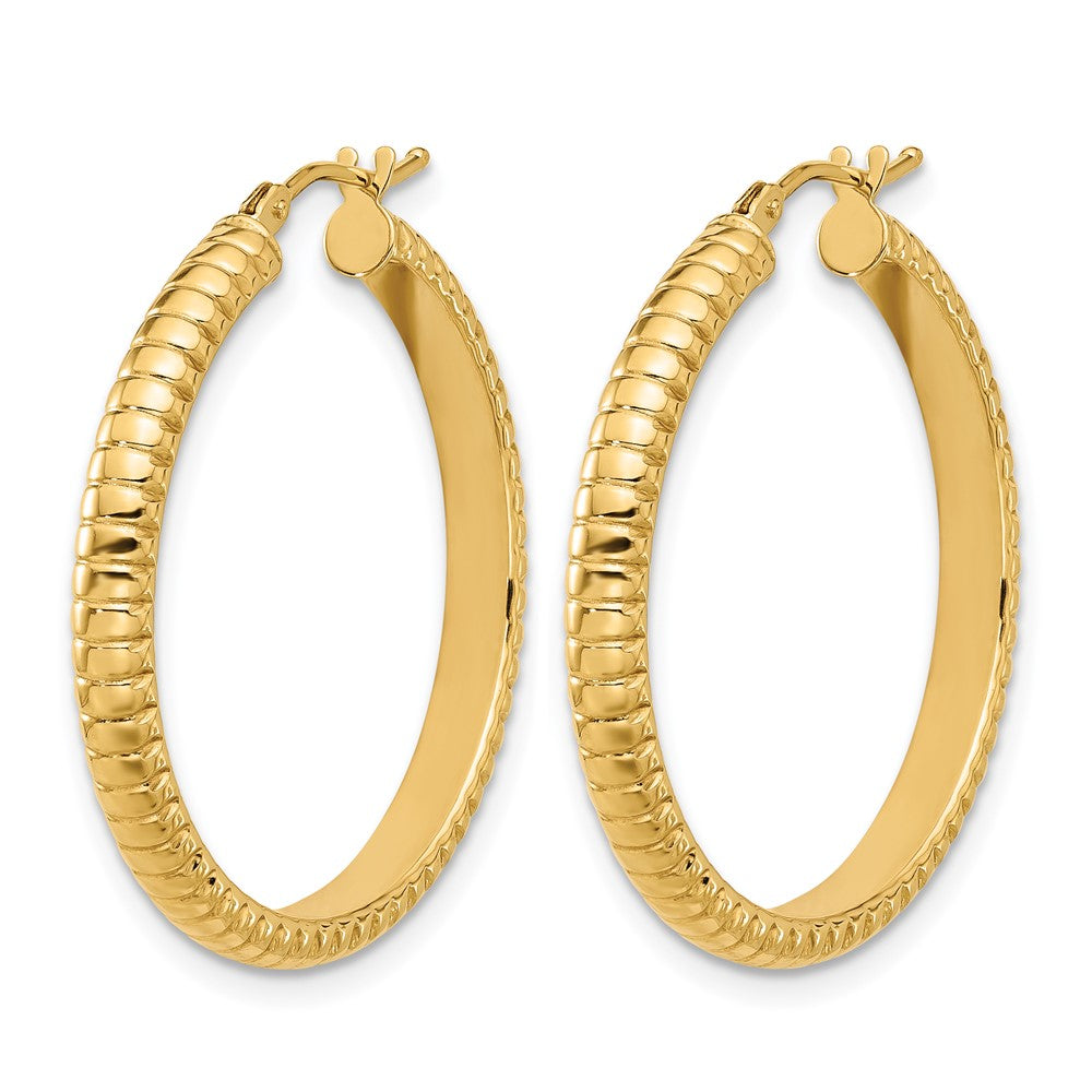 14K Polished and Textured Round Hoop Earrings