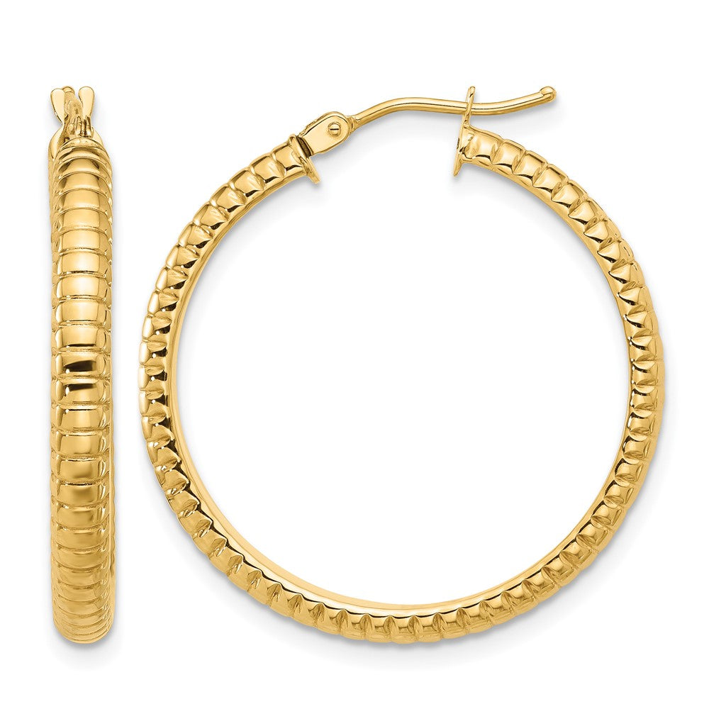 14K Polished and Textured Round Hoop Earrings