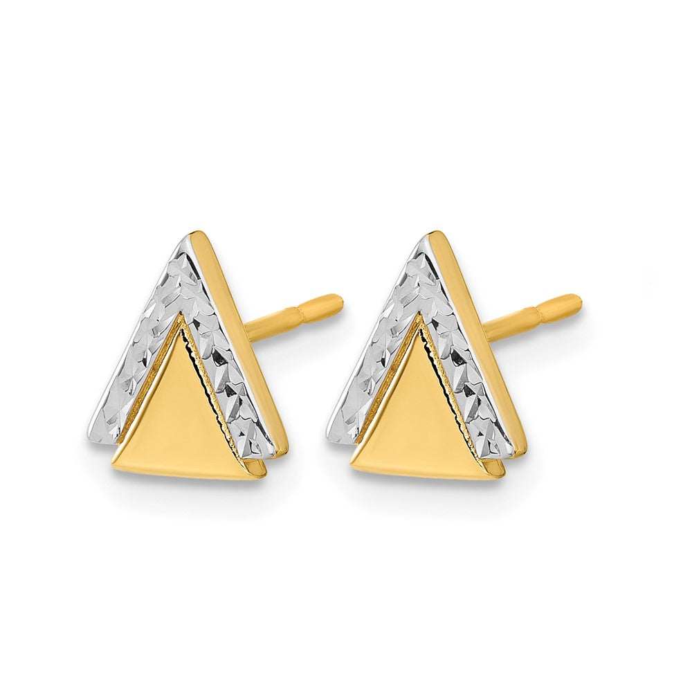 14K with Rhodium Polished and Diamond-cut Triangle Post Earrings