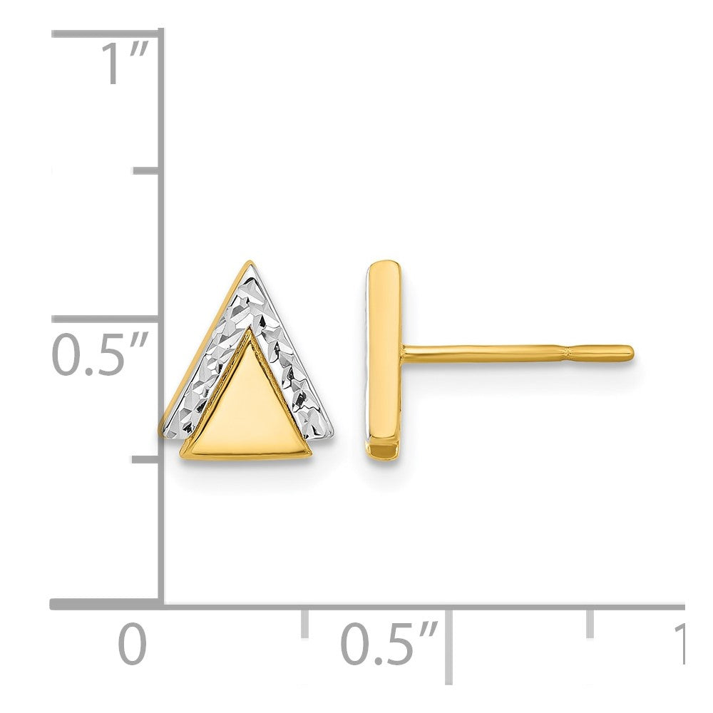 14K with Rhodium Polished and Diamond-cut Triangle Post Earrings