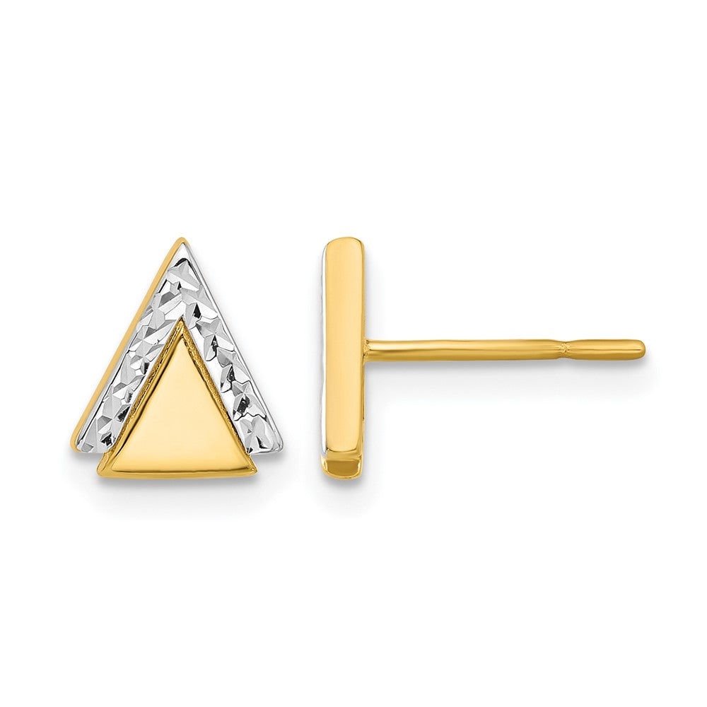14K with Rhodium Polished and Diamond-cut Triangle Post Earrings