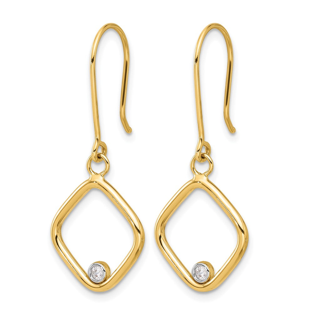 14K with Rhodium Polished CZ Square Dangle Earrings
