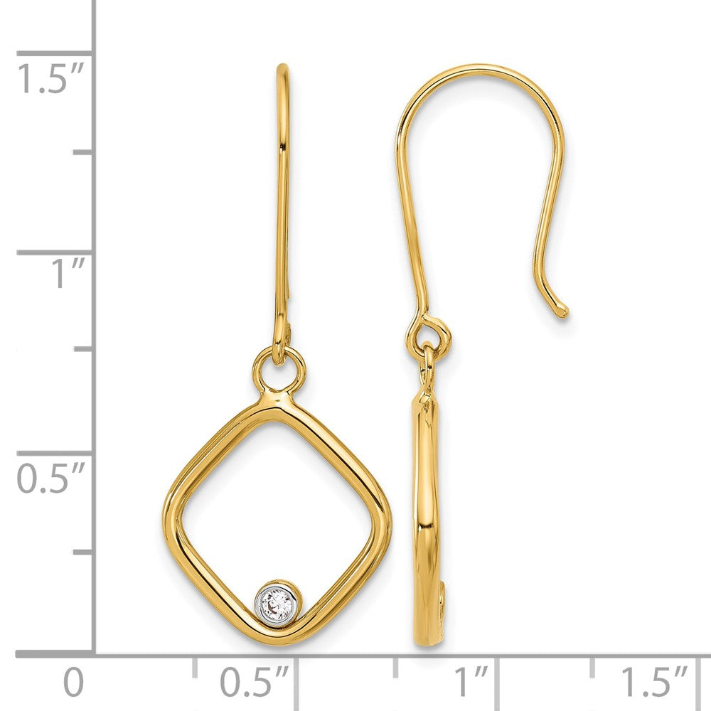 14K with Rhodium Polished CZ Square Dangle Earrings