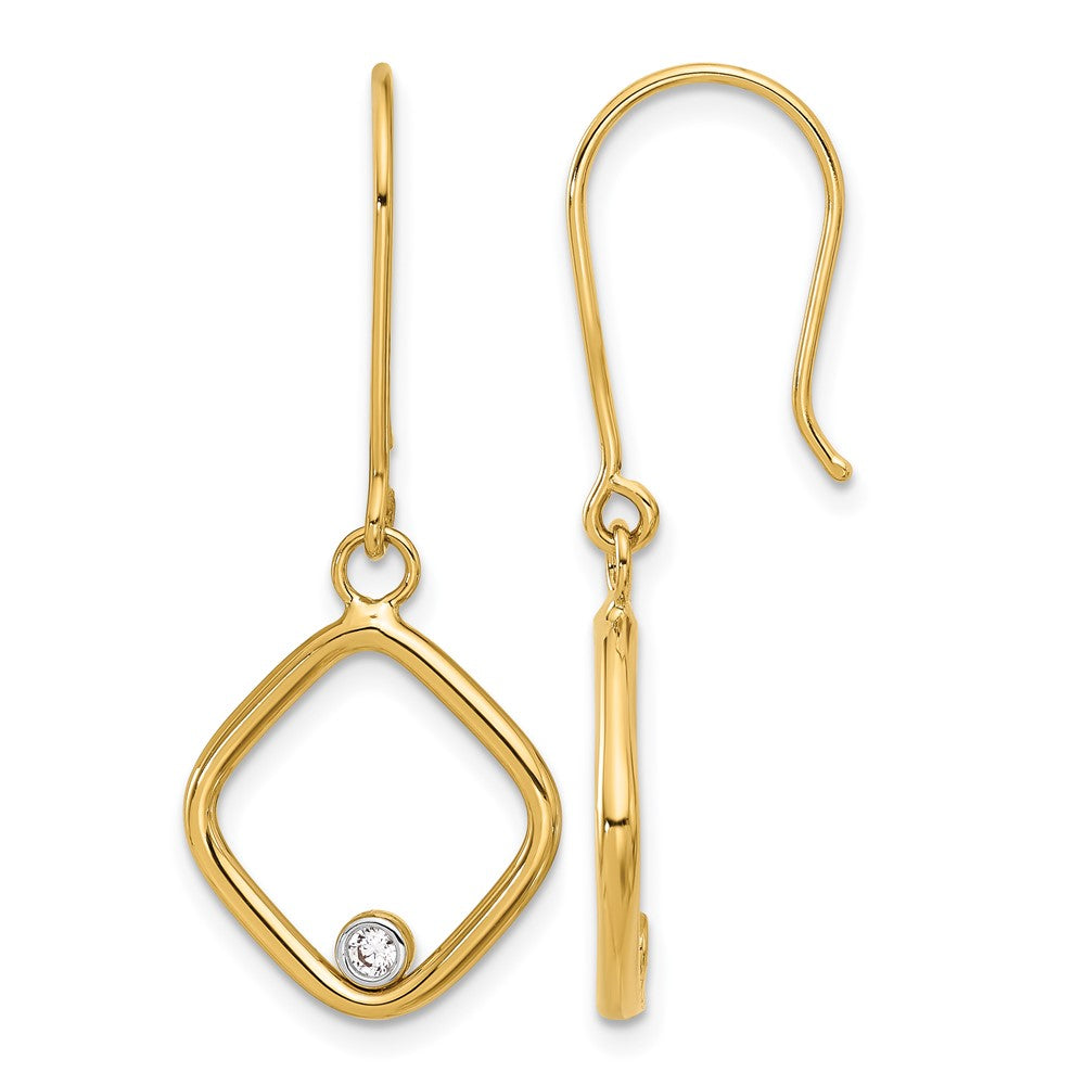 14K with Rhodium Polished CZ Square Dangle Earrings