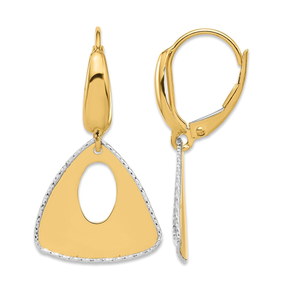 14K Two-tone Pol and Dia-cut Triangle Dangle Leverback Earrings