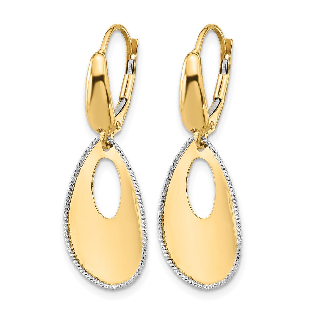 14K Two-tone Polished/Dia-cut Teardrop Dangle Leverback Earrings