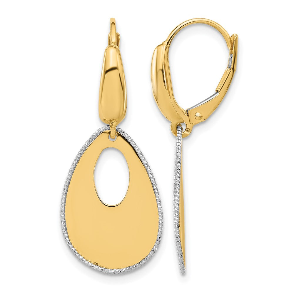 14K Two-tone Polished/Dia-cut Teardrop Dangle Leverback Earrings