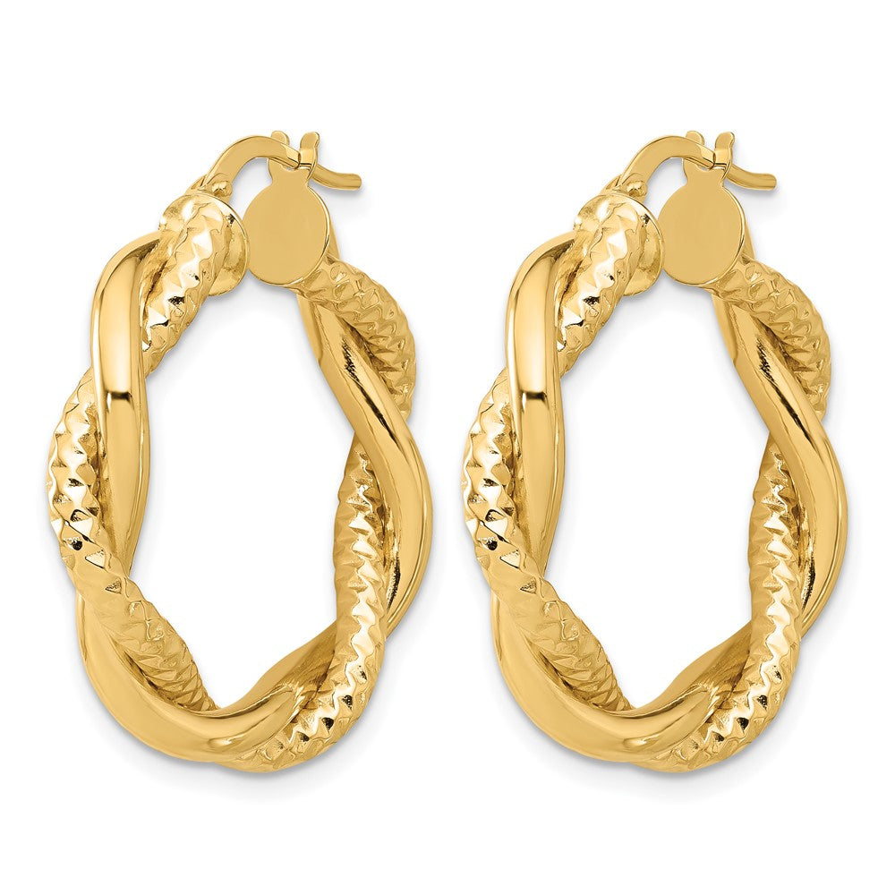 14K Polished and Textured Twisted Round Hoop Earrings