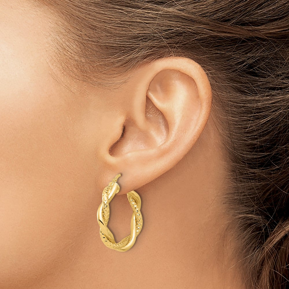 14K Polished and Textured Twisted Round Hoop Earrings