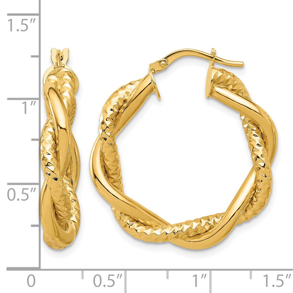 14K Polished and Textured Twisted Round Hoop Earrings