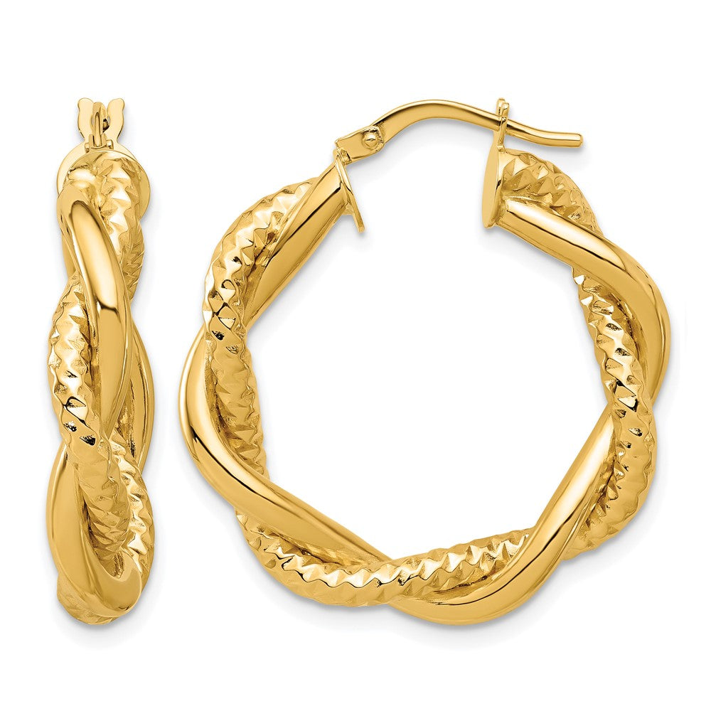 14K Polished and Textured Twisted Round Hoop Earrings