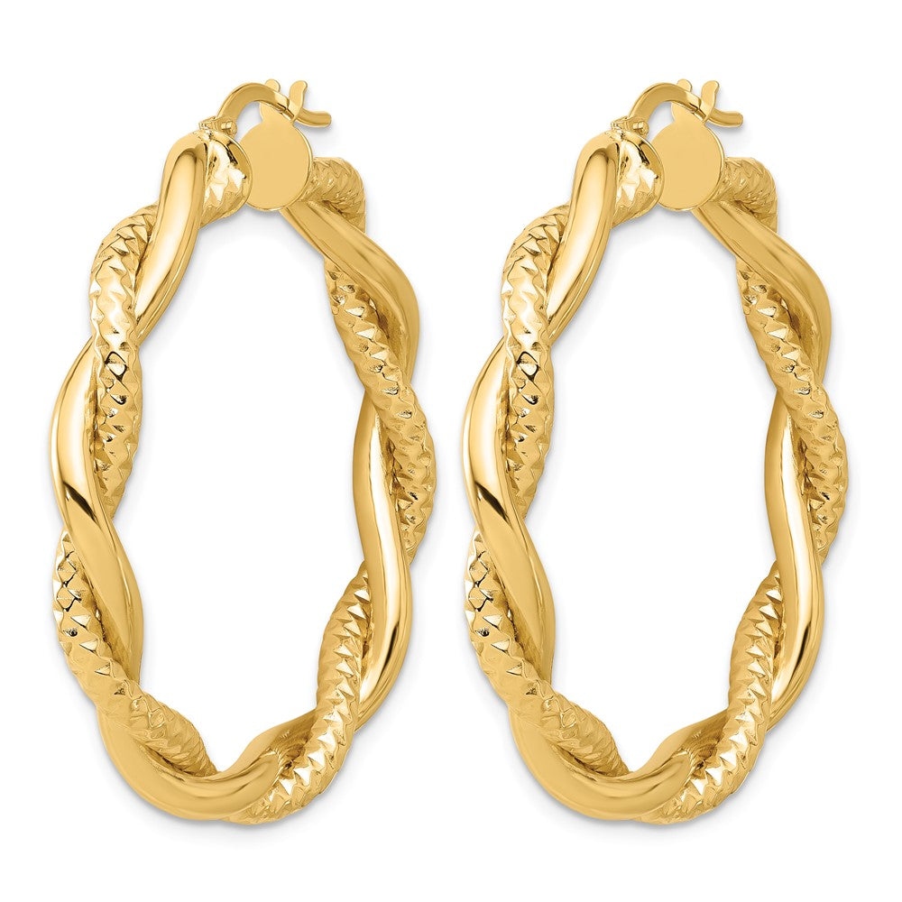 14K Polished and Textured Twisted Round Hoop Earrings