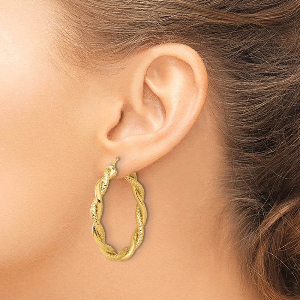 14K Polished and Textured Twisted Round Hoop Earrings
