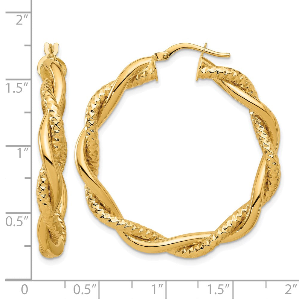 14K Polished and Textured Twisted Round Hoop Earrings