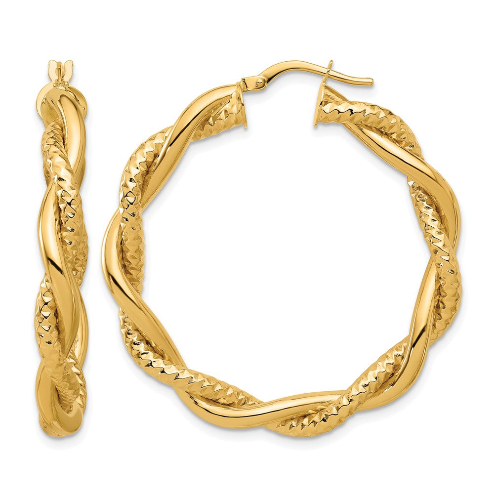 14K Polished and Textured Twisted Round Hoop Earrings